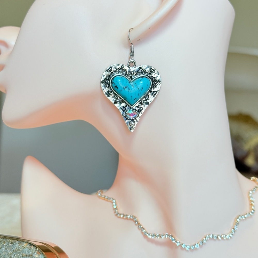 Western Silver Heart Earrings with Turquoise - Picture 3 of 11